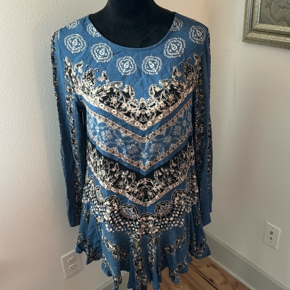 Free People Smooth Talker Tunic Dress long top blue print low back Boho Sz S - Picture 2 of 10